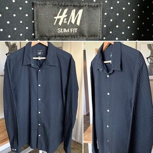 H&M Men’s Size XL Black/White Slim Fit Polka Dot Button Up Long Sleeve Shirt